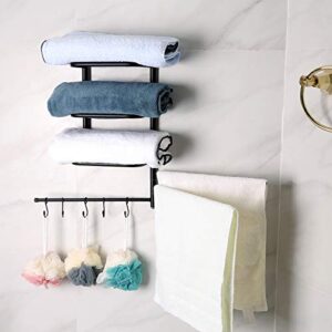 towel rack holder&organizer, wall mounted metal bathroom towel bar with 3 swivel arms 5 s-hooks for storage of towels, washcloths, hand towels, bags, hats