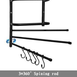 Towel Rack Holder&Organizer, Wall Mounted Metal Bathroom Towel Bar with 3 Swivel Arms 5 S-Hooks for Storage of Towels, Washcloths, Hand Towels, Bags, Hats