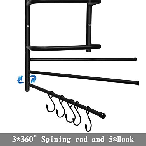 Towel Rack Holder&Organizer, Wall Mounted Metal Bathroom Towel Bar with 3 Swivel Arms 5 S-Hooks for Storage of Towels, Washcloths, Hand Towels, Bags, Hats