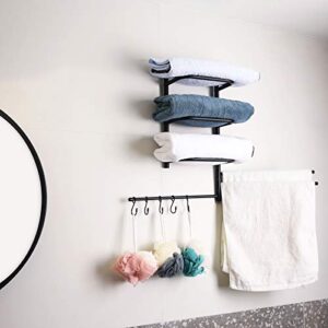 Towel Rack Holder&Organizer, Wall Mounted Metal Bathroom Towel Bar with 3 Swivel Arms 5 S-Hooks for Storage of Towels, Washcloths, Hand Towels, Bags, Hats