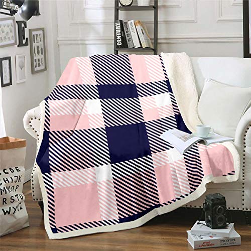 Farmhouse Super Soft Sherpa Fleece Plaid Blanket Geometric Checkered Lattice Plush Blankets and Throws Warm Lightweight Stripes Decor Couch Sofa Travel Bed Throw Blanket Pink Navy Blue 50 X 60 Inches