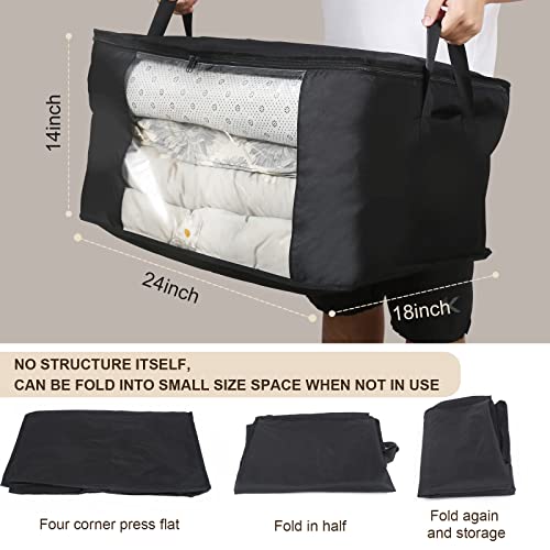 VOOWO 3 Pack Blanket Storage Bag, Oxford Comforter Storage Bag, 100L Large Quilt Storage Bag for Clothes, Blanket, Comforter and Bedding, Waterproof Moving Bag, Under Bed Storage Bag (Black)