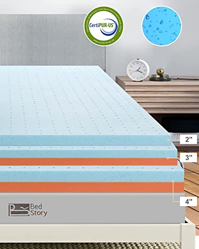 BedStory 4 Inch Memory Foam Mattress Topper Queen, Gel & Copper Infused Bed Toppers, Medium Firm Foam Mattress Pad with Breathable Removable Cover