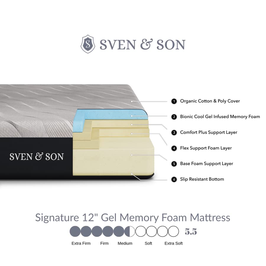 Sven & Son King Mattress, Bed in A Box, 12" Luxury Cool Gel Memory Foam, Pressure Relief & Support, 10" Year Warranty, Designed in USA (King, Mattress Only 12" Medium)