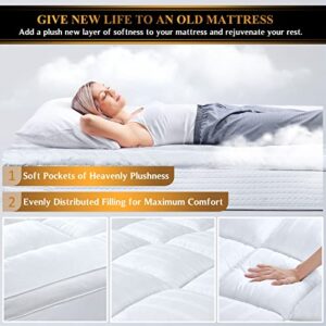 Extra Thick Pillow Top 3 Inch Mattress Topper Queen Size for Firm Mattress, Cooling Fluffy Cotton Hotel Mattress Bed Topper for Cloud Like Sleep & Back Pain, Plush Soft Pad, Fit to 6”-22” Mattress