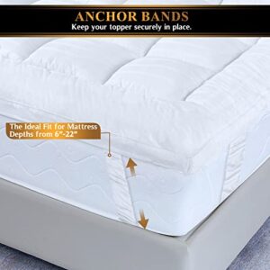 Extra Thick Pillow Top 3 Inch Mattress Topper Queen Size for Firm Mattress, Cooling Fluffy Cotton Hotel Mattress Bed Topper for Cloud Like Sleep & Back Pain, Plush Soft Pad, Fit to 6”-22” Mattress