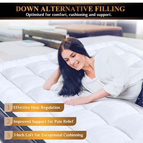 Extra Thick Pillow Top 3 Inch Mattress Topper Queen Size for Firm Mattress, Cooling Fluffy Cotton Hotel Mattress Bed Topper for Cloud Like Sleep & Back Pain, Plush Soft Pad, Fit to 6”-22” Mattress