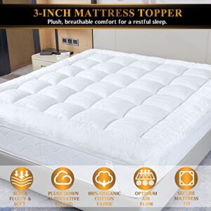 Extra Thick Pillow Top 3 Inch Mattress Topper Queen Size for Firm Mattress, Cooling Fluffy Cotton Hotel Mattress Bed Topper for Cloud Like Sleep & Back Pain, Plush Soft Pad, Fit to 6”-22” Mattress