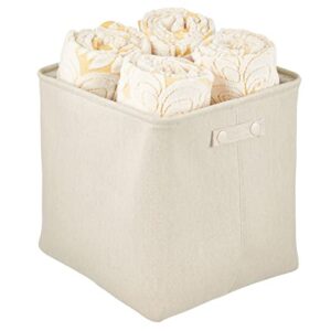 mdesign soft cotton fabric bathroom storage bin and handles - organizer for towels, toilet paper rolls - for closets, cabinets, shelves - textured weave - cream/beige