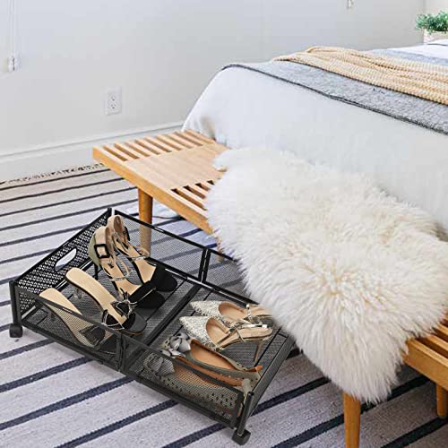 Under Bed Storage Containers with Wheels,2 Pack Black Underbed Storage Shoes Organizer Containers,Upgraded Wheels with Large Capacity Metal Underbed,Storage Containers for Bedroom Clothing Shoes