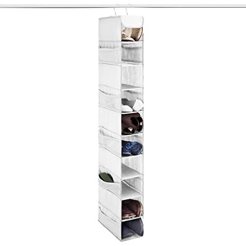 ZOBER Hanging Shoe Organizer for Closet - 10-Shelf Hanging Shoe Rack W/Side Mesh Pockets - 1 Pack Space Saving Shoe Holder (White)