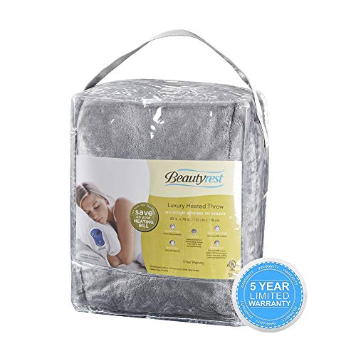 Beautyrest Reversible Microlight to Sherpa Electric Blanket, Auto Shut Off, Virtually Zero EMF, Multi Heat Setting, UL Certified, Machine Washable, Grey Oversized Throw (60 inx70 in)