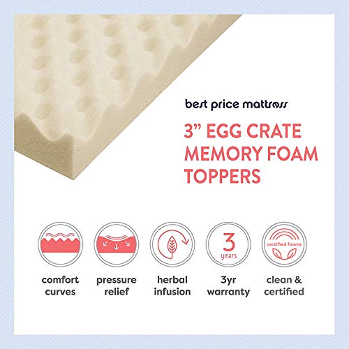 Best Price Mattress 3 Inch Egg Crate Memory Foam Mattress Topper with Copper Infusion, CertiPUR-US Certified, King,Beige