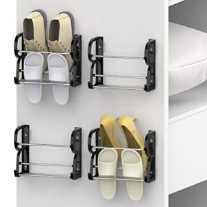yocice wall mounted shoes rack 4pack/can store 4pairs sneakers and 4pairs slide sandal,with sticky hanging mounts, shoes holder storage organizer shelf,door shoe hangers, black,sm05-10inch length