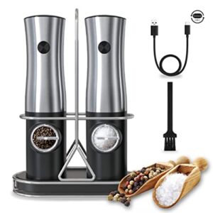 haushaven electric salt and pepper grinder set rechageable with stand - best kitchen gadgets, spice mill grinders, automatic recharging base, one-hand operation, refillable, great housewarming gift