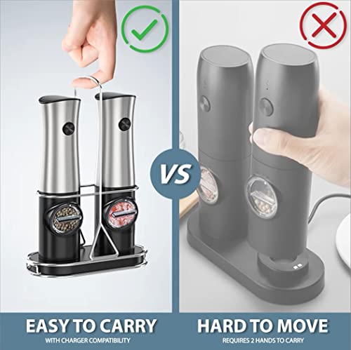 HausHaven Electric Salt and Pepper Grinder Set Rechageable with Stand - Best Kitchen Gadgets, Spice Mill Grinders, Automatic Recharging Base, One-Hand Operation, Refillable, Great Housewarming Gift