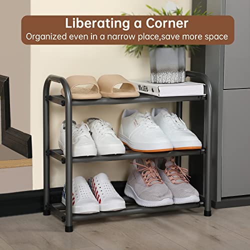 3-Tier Expandable Shoe Rack,Adjustable Shoe Shelf Storage Organizer Heavy Duty Metal Free Standing Shoe Rack for Entryway Closet Doorway (Gray)