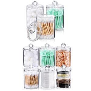 aozita 9 pack qtip holder dispenser for cotton ball, cotton swab, cotton round pads, floss - 10 oz clear plastic apothecary jar set for bathroom canister storage organization, vanity makeup organizer