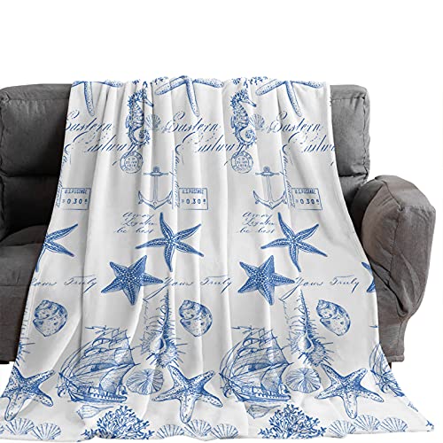 ERXPOOD Flannel Fleece Blankets, Soft Warm Throw Blanket Ocean Underwater Marine Life Starsfish Shell Lightweight Sofa Bedspread Throws for Couch/Bed/Living Room Bedroom Nautical Sailboat Anchor