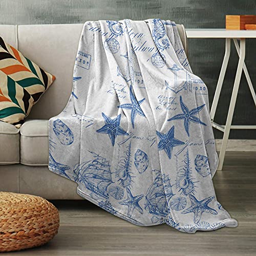 ERXPOOD Flannel Fleece Blankets, Soft Warm Throw Blanket Ocean Underwater Marine Life Starsfish Shell Lightweight Sofa Bedspread Throws for Couch/Bed/Living Room Bedroom Nautical Sailboat Anchor