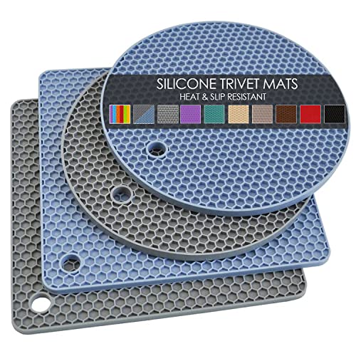 Silicone Trivet Mats, Silicone Pot Holders for Hot Pan and Pot Pads. Heat Resistant Counter Mats for Tables, Countertops, Spoon Rest and Large Coasters, 4 Pack Gray& Blue(2 Squared + 2 Round Mats)