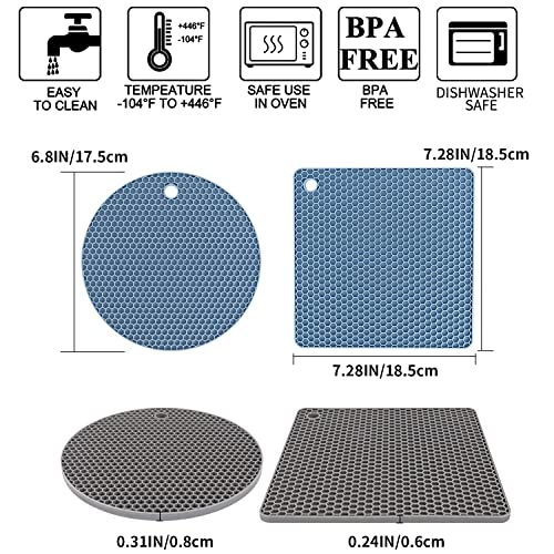 Silicone Trivet Mats, Silicone Pot Holders for Hot Pan and Pot Pads. Heat Resistant Counter Mats for Tables, Countertops, Spoon Rest and Large Coasters, 4 Pack Gray& Blue(2 Squared + 2 Round Mats)