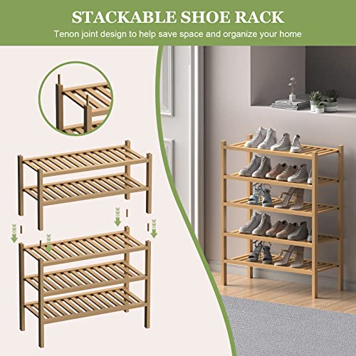 ROMGUAR CRAFT Bamboo Shoe Rack for Entryway, 2-Tier Free Standing Shoe Racks Stackable Shoe Rack Organizer For Hallway Closet Living Room 27 x12 x14 Inches