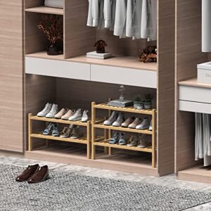 ROMGUAR CRAFT Bamboo Shoe Rack for Entryway, 2-Tier Free Standing Shoe Racks Stackable Shoe Rack Organizer For Hallway Closet Living Room 27 x12 x14 Inches