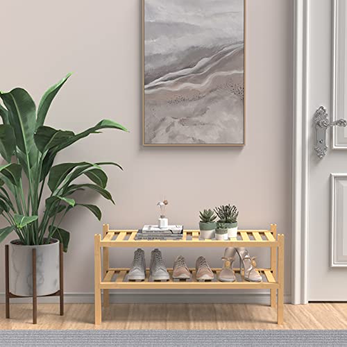 ROMGUAR CRAFT Bamboo Shoe Rack for Entryway, 2-Tier Free Standing Shoe Racks Stackable Shoe Rack Organizer For Hallway Closet Living Room 27 x12 x14 Inches