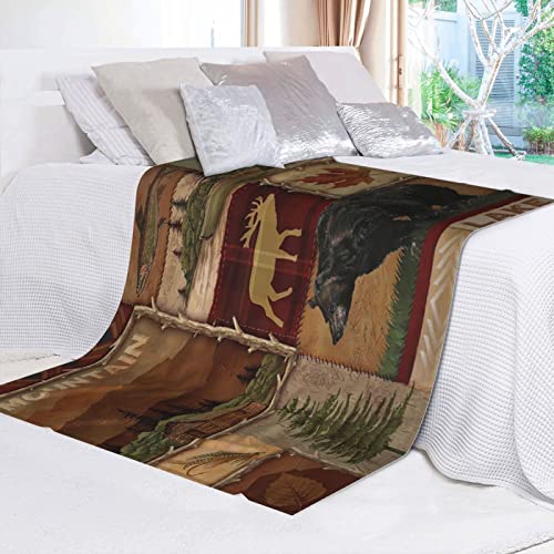 Country Style Rustic Cabin Wildlife Ultra-Soft Micro Fleece Throw Blanket,Lodge Bear Moose Deer,Custom Warm Lightweight Blanket for Couch Bed Living Room Bedroom Sofa 80"x60"