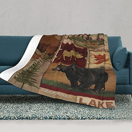 Country Style Rustic Cabin Wildlife Ultra-Soft Micro Fleece Throw Blanket,Lodge Bear Moose Deer,Custom Warm Lightweight Blanket for Couch Bed Living Room Bedroom Sofa 80"x60"