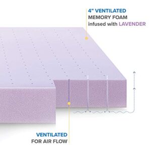 Mellow 4 Inch Ventilated Memory Foam Mattress Topper, Soothing Lavender Infusion, CertiPUR-US Certified, Queen