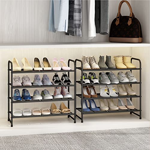 Simple Trending 4-Tier Stackable Shoe Rack, Expandable & Adjustable Shoe Organizer Storage Shelf, Wire Grid, Black