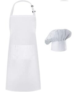 hyzrz chef apron hat set, chef hat and kitchen apron adult adjustable apron with butcher hat baker costume kitchen pocket apron for men and women father's gift (white)