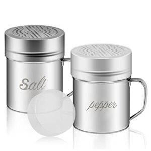 zeruidm stainless steel salt and pepper shakers set, 10 oz seasoning spice shaker with lid and handle 127 holes, metal dredge shaker for powder sugar cooking kitchen baking (2 pieces)