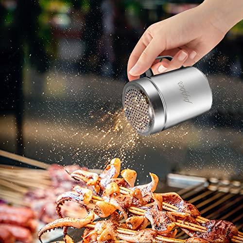 ZERUIDM Stainless Steel Salt and Pepper Shakers Set, 10 OZ Seasoning Spice Shaker with Lid and Handle 127 Holes, Metal Dredge Shaker for Powder Sugar Cooking Kitchen Baking (2 Pieces)