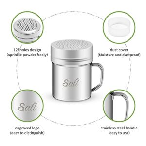 ZERUIDM Stainless Steel Salt and Pepper Shakers Set, 10 OZ Seasoning Spice Shaker with Lid and Handle 127 Holes, Metal Dredge Shaker for Powder Sugar Cooking Kitchen Baking (2 Pieces)