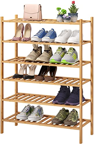 viewcare 6-Tier Bamboo Shoe Rack for Entryway, Stackable | Foldable | Natural, Shoe Organizer for Hallway Closet, Free Standing Shoe Racks for Indoor Outdoor