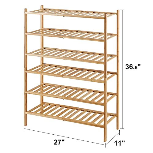 viewcare 6-Tier Bamboo Shoe Rack for Entryway, Stackable | Foldable | Natural, Shoe Organizer for Hallway Closet, Free Standing Shoe Racks for Indoor Outdoor