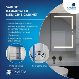 Croydex Sabine Dual, Recessed or Surface Mount, 2 USB Ports, Dimmer, Hang 'n' Lock Easy Installation Illuminated LED Medicine Cabinet, 30W x 26H, Aluminum