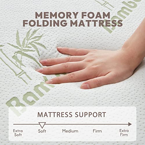 SINWEEK Memory Foam Folding Mattress with Storage Bag, 4 Inch Foldable Mattress Trifold Mattress Topper, CertiPUR-US Certified Floor Mattress Guest Bed with Bamboo Cover &Waterproof Lining