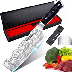 mosfiata 7” nakiri chef's knife with finger guard and blade guard in gift box, german high carbon stainless steel en1.4116 nakiri vegetable knife, multipurpose kitchen knife with micarta handle