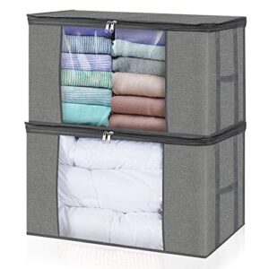 foldable large clothes comforter soft storage bags, breathable linen closet storage and organizers for blankets, with sturdy zippers clear window, set of 2 grey with printing