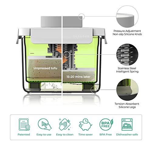 TOFUDEE Tofu Press With Auto IntelliSpring. Patent Adjustable Vegan Tofu Presser for Speed up Draining Water from All Types of Pressed Tofu without Crack