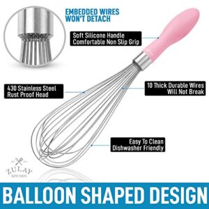 Zulay 12-Inch Stainless Steel Whisk - Balloon Whisk Kitchen Tool With Soft Silicone Handle - Thick Durable Wired Whisk Utensil For Blending, Beating, Whisking, Frothing, Stirring & More (Pink)