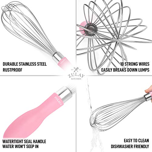 Zulay 12-Inch Stainless Steel Whisk - Balloon Whisk Kitchen Tool With Soft Silicone Handle - Thick Durable Wired Whisk Utensil For Blending, Beating, Whisking, Frothing, Stirring & More (Pink)