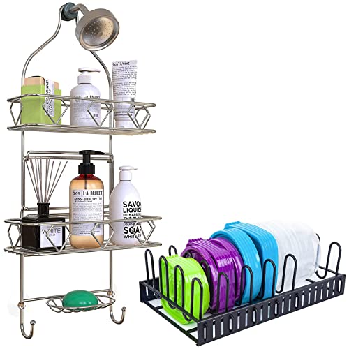 GeekDigg Lid Organizer for Plastic Lids for Cabinet, with 6 Adjustable Dividers & Bathroom Hanging Shower Head Caddy Organizer, Three Tier, Rust Proof Premium Hanger Design With Suction Cups, Hooks