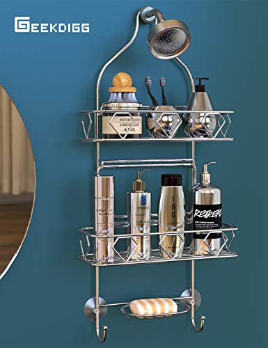 GeekDigg Lid Organizer for Plastic Lids for Cabinet, with 6 Adjustable Dividers & Bathroom Hanging Shower Head Caddy Organizer, Three Tier, Rust Proof Premium Hanger Design With Suction Cups, Hooks