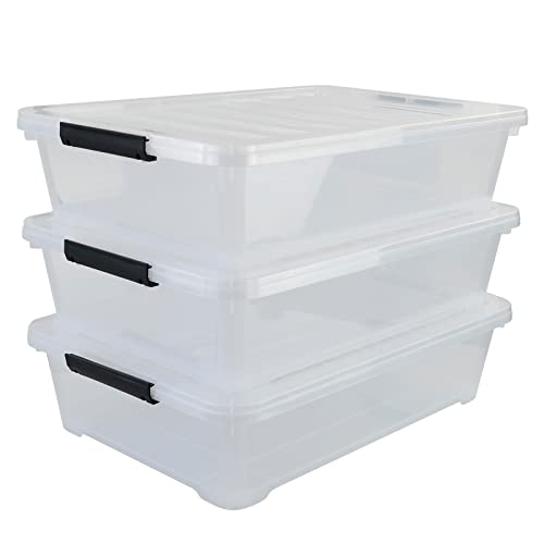 Innouse 40 Quart Under Bed Storage Bin with Wheels, 3 Packs Large Flat Clear Latch Box