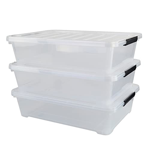 Innouse 40 Quart Under Bed Storage Bin with Wheels, 3 Packs Large Flat Clear Latch Box